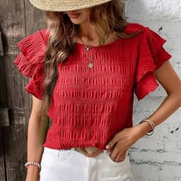 Top Women Solid Color Blouses O-Neck T-shirts Casual Fashion Ruffle Sleeves Vintage Female Shirts Grace Summer Streetwear