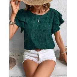 Top Women Solid Color Blouses O-Neck T-shirts Casual Fashion Ruffle Sleeves Vintage Female Shirts Grace Summer Streetwear