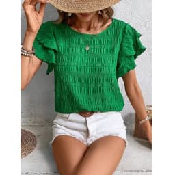 Top Women Solid Color Blouses O-Neck T-shirts Casual Fashion Ruffle Sleeves Vintage Female Shirts Grace Summer Streetwear