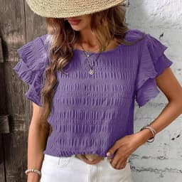 Top Women Solid Color Blouses O-Neck T-shirts Casual Fashion Ruffle Sleeves Vintage Female Shirts Grace Summer Streetwear