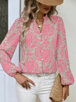 Women's Long Sleeve Shirt V-Neck Embellished Pleated Lantern Sleeves Full Print Button-Up for Summer and Autumn