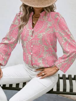 Women's Long Sleeve Shirt V-Neck Embellished Pleated Lantern Sleeves Full Print Button-Up for Summer and Autumn