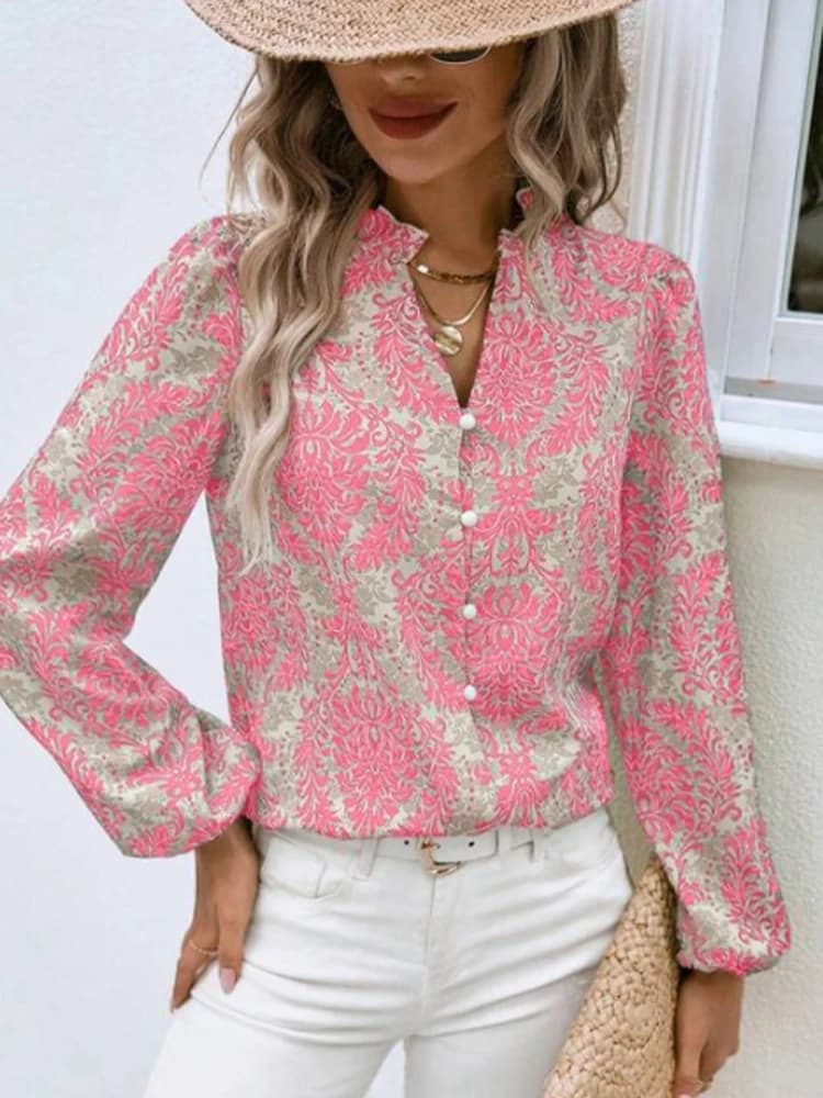Women's Long Sleeve Shirt V-Neck Embellished Pleated Lantern Sleeves Full Print Button-Up for Summer and Autumn