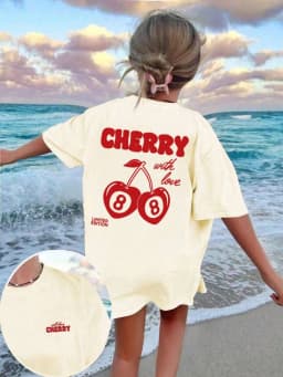 Cherry and number 8 letter print round neck T-shirt Girls summer casual all-match T-shirt breathable short-sleeved top