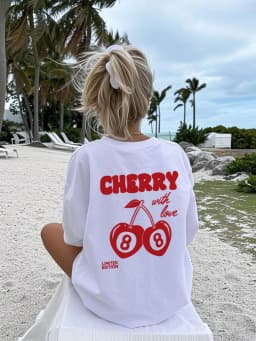 Cherry and number 8 letter print round neck T-shirt Girls summer casual all-match T-shirt breathable short-sleeved top