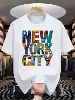 Summer Men's 100% Pure Cotton Casual Loose Fit Plus Size New York City Printed Comfortable Round Neck Short Sleeved T-Shirt Top