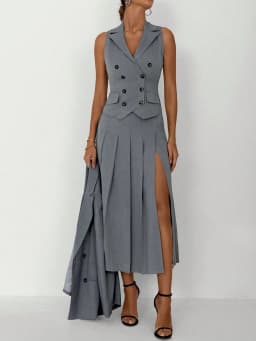 3pcs Women Elegant Work Casual Business Suit Set: Fitted Vest for Spring/Summer, Pleated Midi Skirt, Suitable for Office Lady