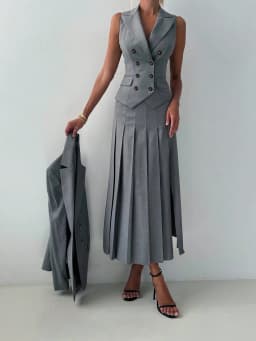 3pcs Women Elegant Work Casual Business Suit Set: Fitted Vest for Spring/Summer, Pleated Midi Skirt, Suitable for Office Lady
