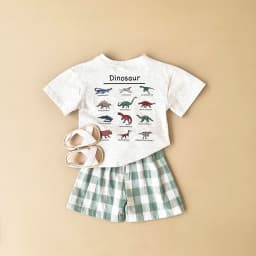 2Pcs Set New Baby Boy Girl Clothing Set Toddler Baby Clothes Dinosaur Print T-shirt+Grid Shorts Newborn Boy Girl Summer Outfits