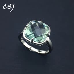CSJ Green Amethyst Rings Sterling 925 Silver Natural Gemstone Cushion 12mm Women Lady Wedding Engagment Party Gift Box