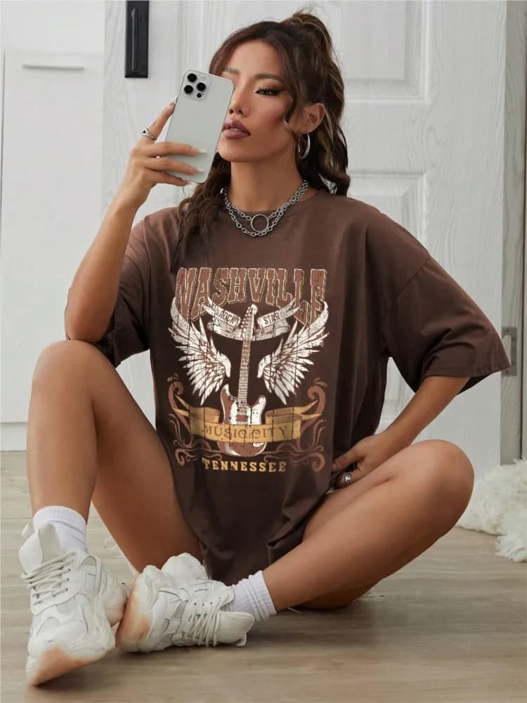 Woman Cotton T-Shirts Nashville Music City Tennessee Prints Tees Fashion Female Short Sleeve Clothes Comfortable Street Tops