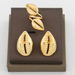 18K Gold Plated 3D Cowrie Shell Earring & Ring Set African Ethnic Statement Jewelry For Women Party Wedding Fashion Jewelry Gift