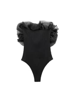 Women Fashion With Organza Ruffle Rib Knit Bodysuits Vintage Straight Neck Exposed Shoulders Female Playsuits Mujer