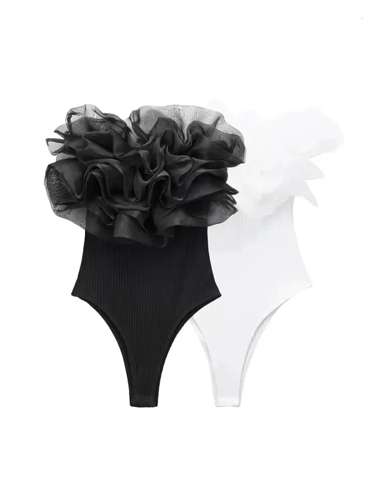 Women Fashion With Organza Ruffle Rib Knit Bodysuits Vintage Straight Neck Exposed Shoulders Female Playsuits Mujer