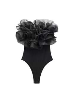 Women Fashion With Organza Ruffle Rib Knit Bodysuits Vintage Straight Neck Exposed Shoulders Female Playsuits Mujer