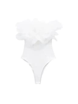 Women Fashion With Organza Ruffle Rib Knit Bodysuits Vintage Straight Neck Exposed Shoulders Female Playsuits Mujer