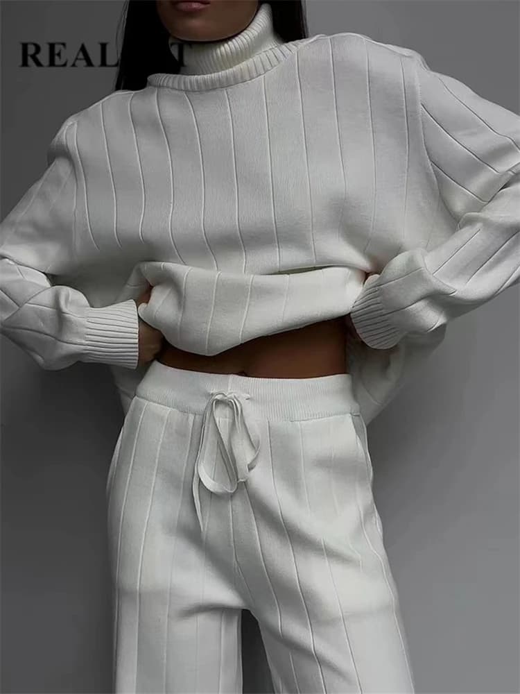 REALEFT Autumn Winter 2 Pieces White Women's Sets Knitted Tracksuit Turtleneck Sweater and Straight Jogging Pant Suits 2023 New