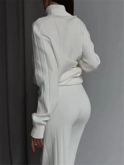 REALEFT Autumn Winter 2 Pieces White Women's Sets Knitted Tracksuit Turtleneck Sweater and Straight Jogging Pant Suits 2023 New