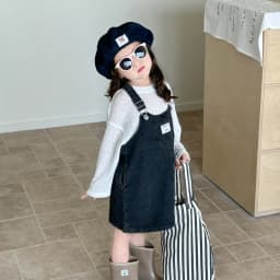 Childrenclothing Girls Denim Dress Spring 2024 New Fashion Casual Large Pocket Strap Casual Simple Solid Color Girls Dress