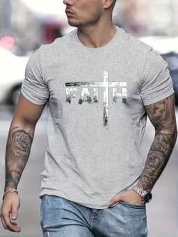 Men's Summer 100% Cotton Faith Print Loose Large Casual Round Neck Short Sleeve T-shirt