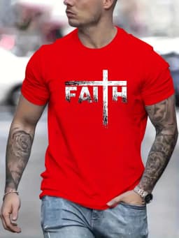 Men's Summer 100% Cotton Faith Print Loose Large Casual Round Neck Short Sleeve T-shirt