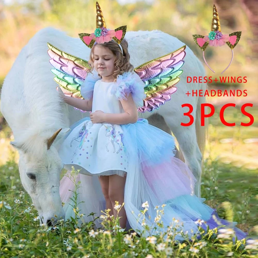 Kids Unicorn Princess Dress For Girls Children Cosplay Costume Trailing Rainbow Birthday Party Dresses Girl Christmas Outfit