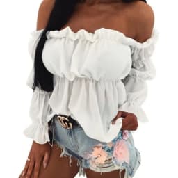 Women's Fashion One-line Collar Waist Shirt Women's Pleated Casual Long Sleeve Solid Color Shirt Woman