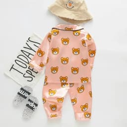2pcs Boys Lounge Wear Button Down Long Sleeve Top & Elastic Waist Long Pants Bear Cartoon Pajamas