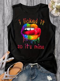 Women's Summer Colorful Lips Letter Print Loose Large Breathable and Comfortable Sleeveless Tank Top T-shirt