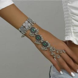KMVEXO Ethnic Resin Female Mitten Tassel Bracelet Vintage Silver Color Punk Hand Bracelets Ring Jewelry For Women Party Vocation