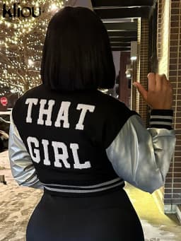 Kliou Letter Shape Patchwork Coats Women Casual Classic Panelled Long Sleeve Single Breasted Croped Jacket Female Street Outwear