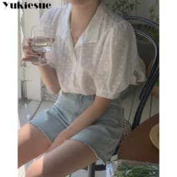Shirts Women All-match V-Neck blouse shirts and tops Korean Style Womens Clothing Elegant Solid Color Leisure Chiffon blouses