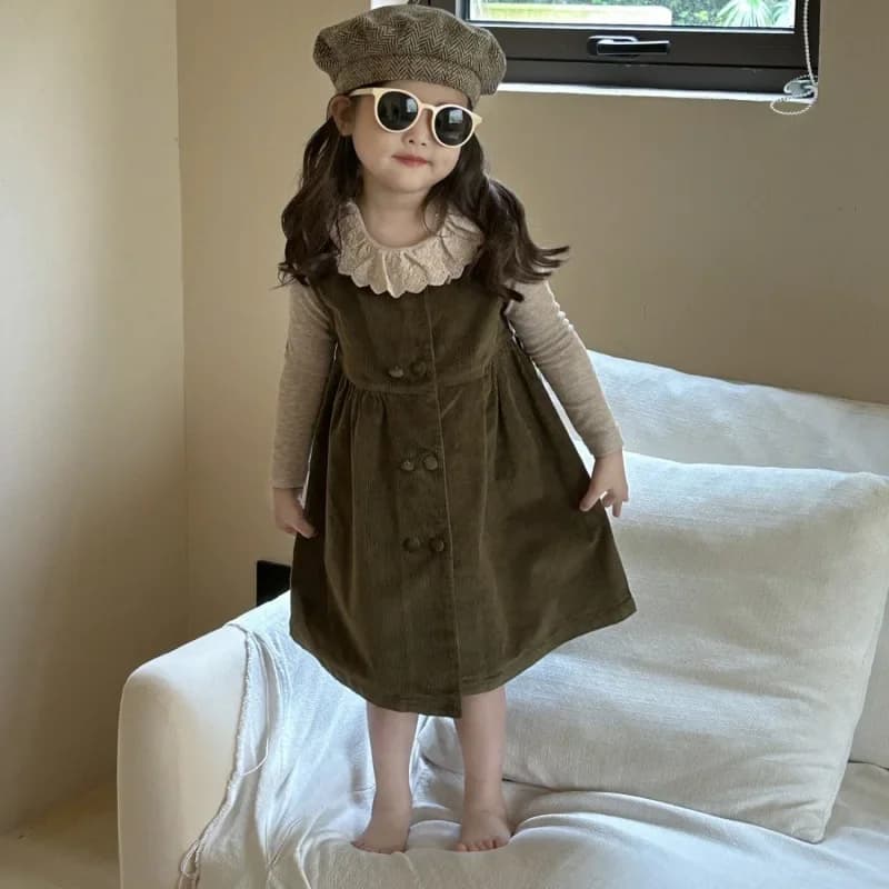 Girls Dress 2024 Spring New Small and Medium School Children Fashionable Double Breasted Corduroy Sleeveless Vest Skirt