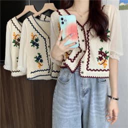 Flower Embroidery Crochet Blouse with Chiffon Sleeve Button Front Cardigan Top Women Spring Summer Fairycore Cottagecore