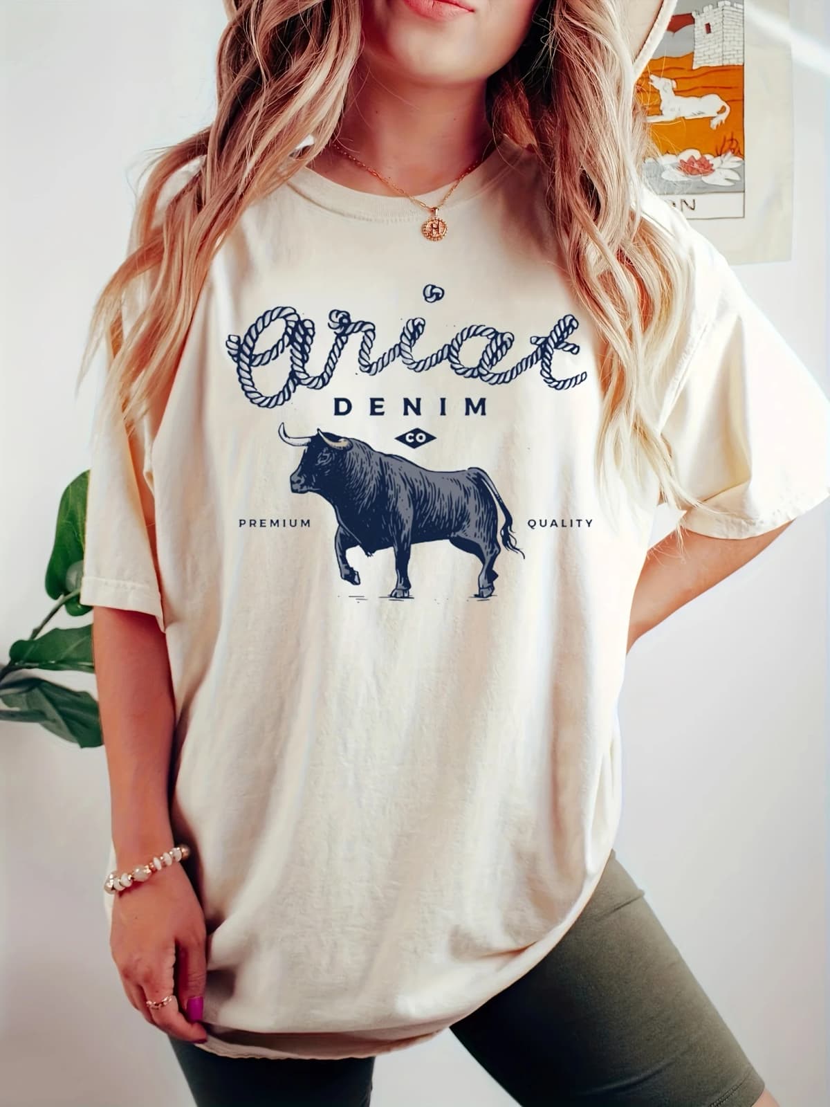 1231Bull & Letter Print Crew Neck T-Shirt, Casual Short Sleeve Top For Spring & Summer, Women's Clothing