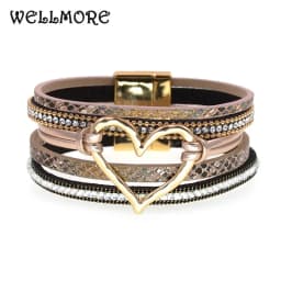 WELLMORE BOHO Leather Bracelet Heart Women Bracelets Magenet Charm Bracelet Fashion Jewelry