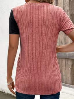 Spring & Summer Ready PolyesterT-Shirt- Short Sleeve,Crew Neck, Casual Comfort with Elegant Split,Non-Sheer Patchwork Design