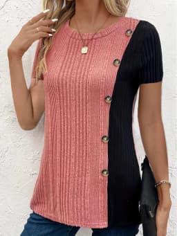 Spring & Summer Ready PolyesterT-Shirt- Short Sleeve,Crew Neck, Casual Comfort with Elegant Split,Non-Sheer Patchwork Design