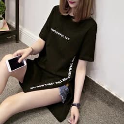 WONDERFUL DAY Print Long T shirts Summer Women Loose Slit Femme Tops Cotton Tshirt Short sleeve Ladies t-shirt