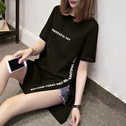 WONDERFUL DAY Print Long T shirts Summer Women Loose Slit Femme Tops Cotton Tshirt Short sleeve Ladies t-shirt
