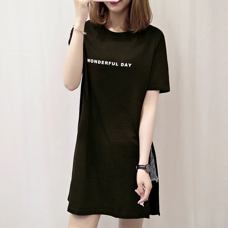 WONDERFUL DAY Print Long T shirts Summer Women Loose Slit Femme Tops Cotton Tshirt Short sleeve Ladies t-shirt