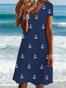 Fashion Fresh Style Summer A-Line Casual Small Boat Medium Stretch Dress Sexy Wave V-Neck Short Sleeve Anchor Print Floral Dress