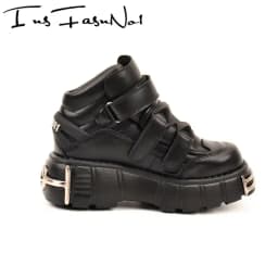 Metal Toe Platform Punk Flats Black Gothic Casual Shoes Thick Bottom Flat Platform Sneakers Ladies New Style Runway Shoes