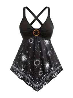 Plus Size Summer Suspender Casual Tank, Women's Oversized Sun & Moon Print Metal Decor V Neck Sexy Slight Stretch Cami Top