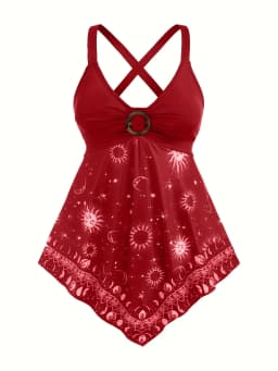 Plus Size Summer Suspender Casual Tank, Women's Oversized Sun & Moon Print Metal Decor V Neck Sexy Slight Stretch Cami Top