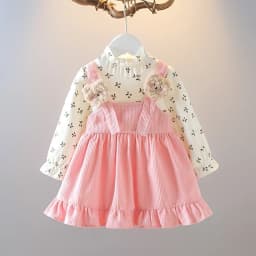 Kid Girl Long Sleeve Dress Floral Lovely Bear Corduroy Strap Style Dress Fashion Cute Photograph Outfit for Child Girl 1-6 Years