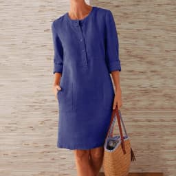 Women Casual Soild Long Sleeve Cotton And Linen Tunic Dress Vintage Straight Dress Long Sleeve Oversized Mini Knee-Length Dress