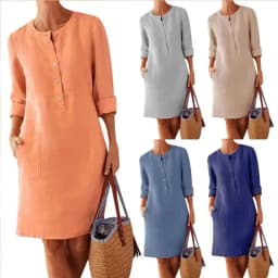Women Casual Soild Long Sleeve Cotton And Linen Tunic Dress Vintage Straight Dress Long Sleeve Oversized Mini Knee-Length Dress