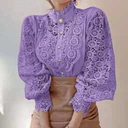 Fashion Petal Sleeve Lace Blouses Women Stand Collar Shirts Female Hollow Out Patchwork Ladies Top Flower Blouse Blusas 410G
