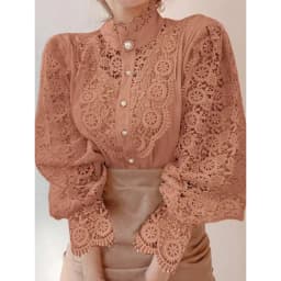 Fashion Petal Sleeve Lace Blouses Women Stand Collar Shirts Female Hollow Out Patchwork Ladies Top Flower Blouse Blusas 410G